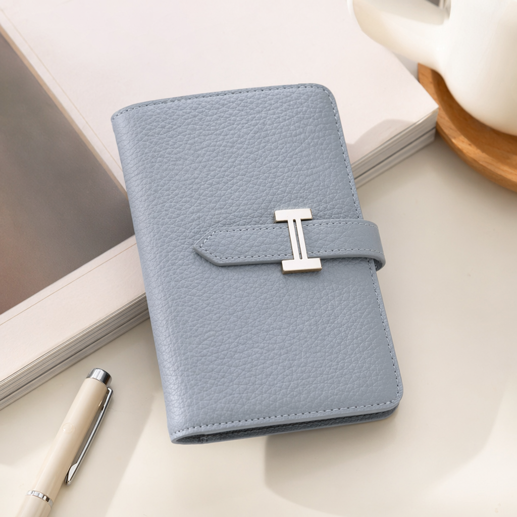A light grey textured leather wallet with a silver H-shaped metal clasp details Picture
