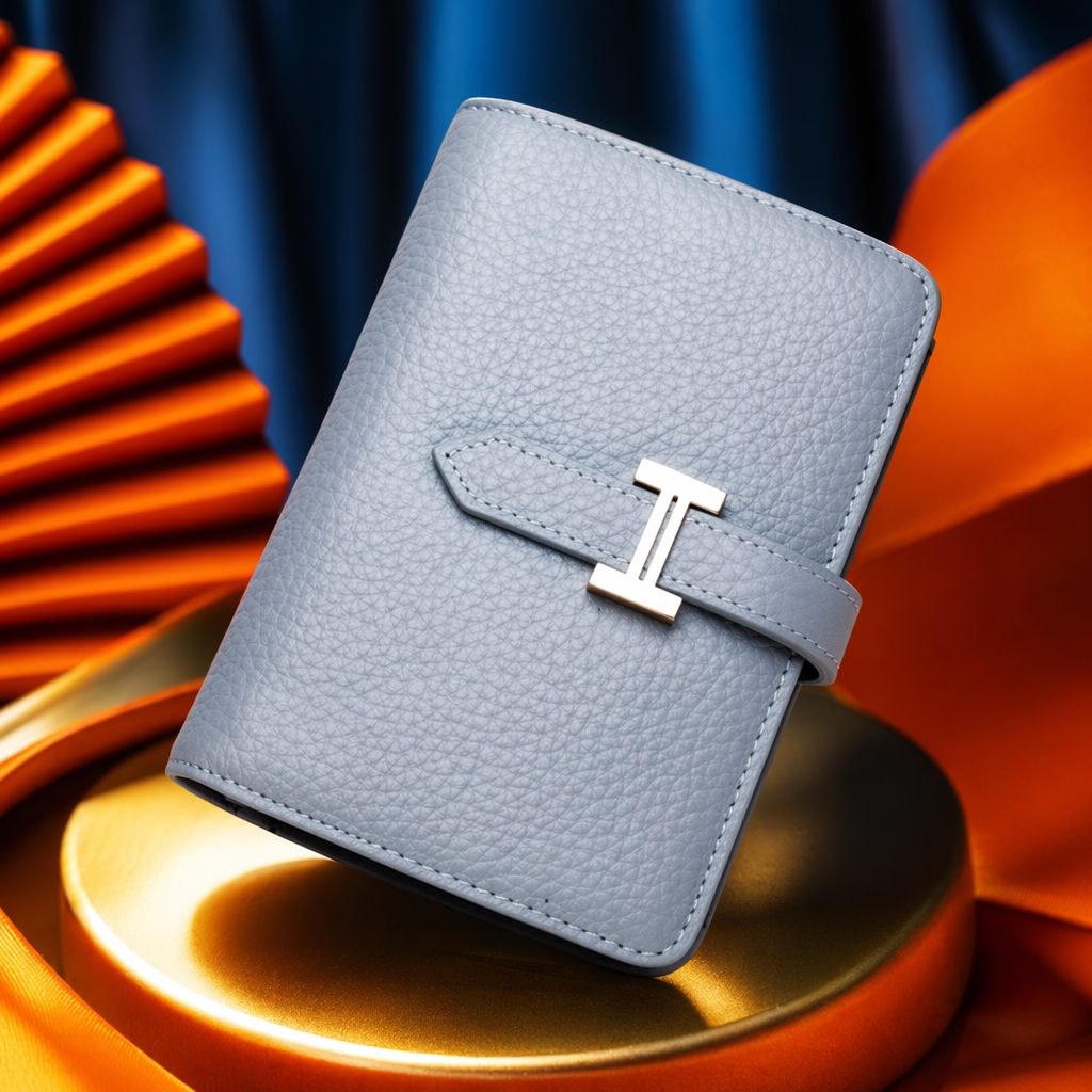 A light grey textured leather wallet with a silver H-shaped metal clasp Specification image