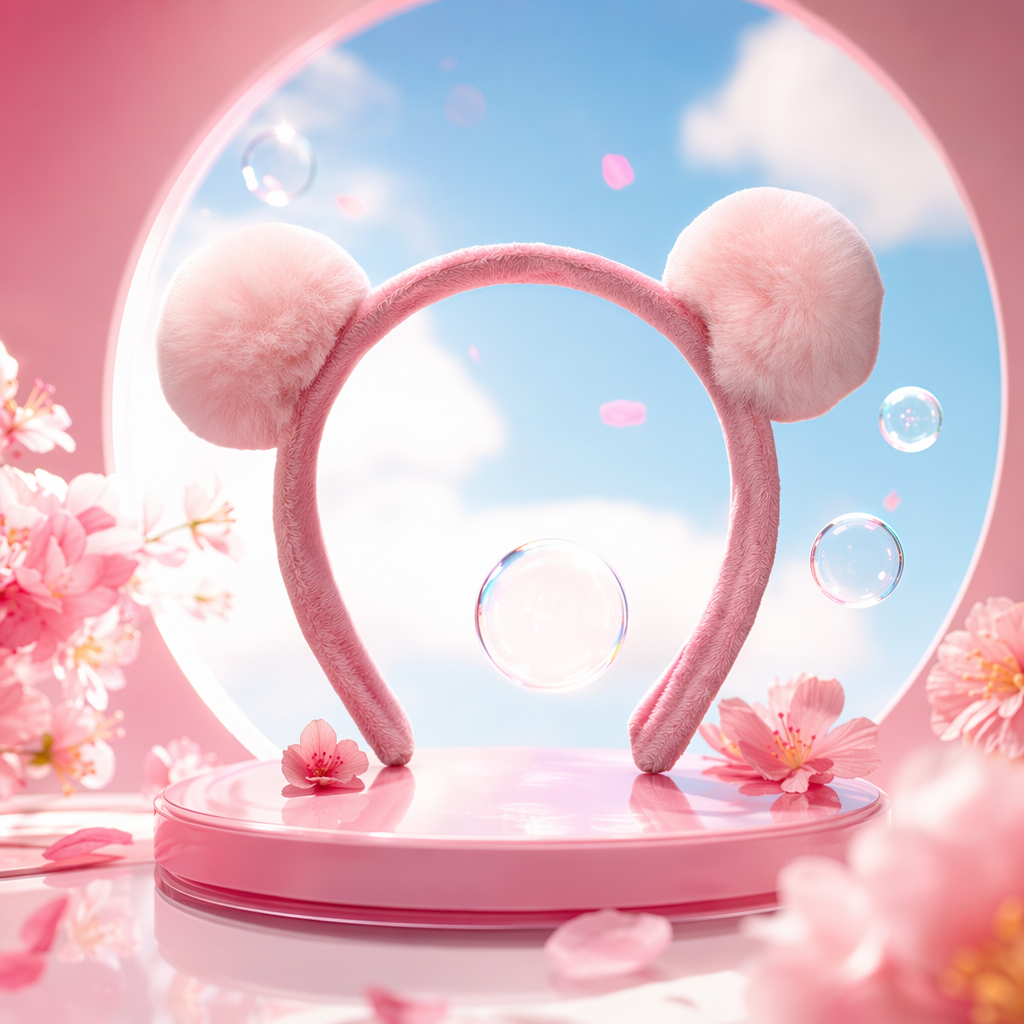 粉色毛绒兔耳发箍细节图
