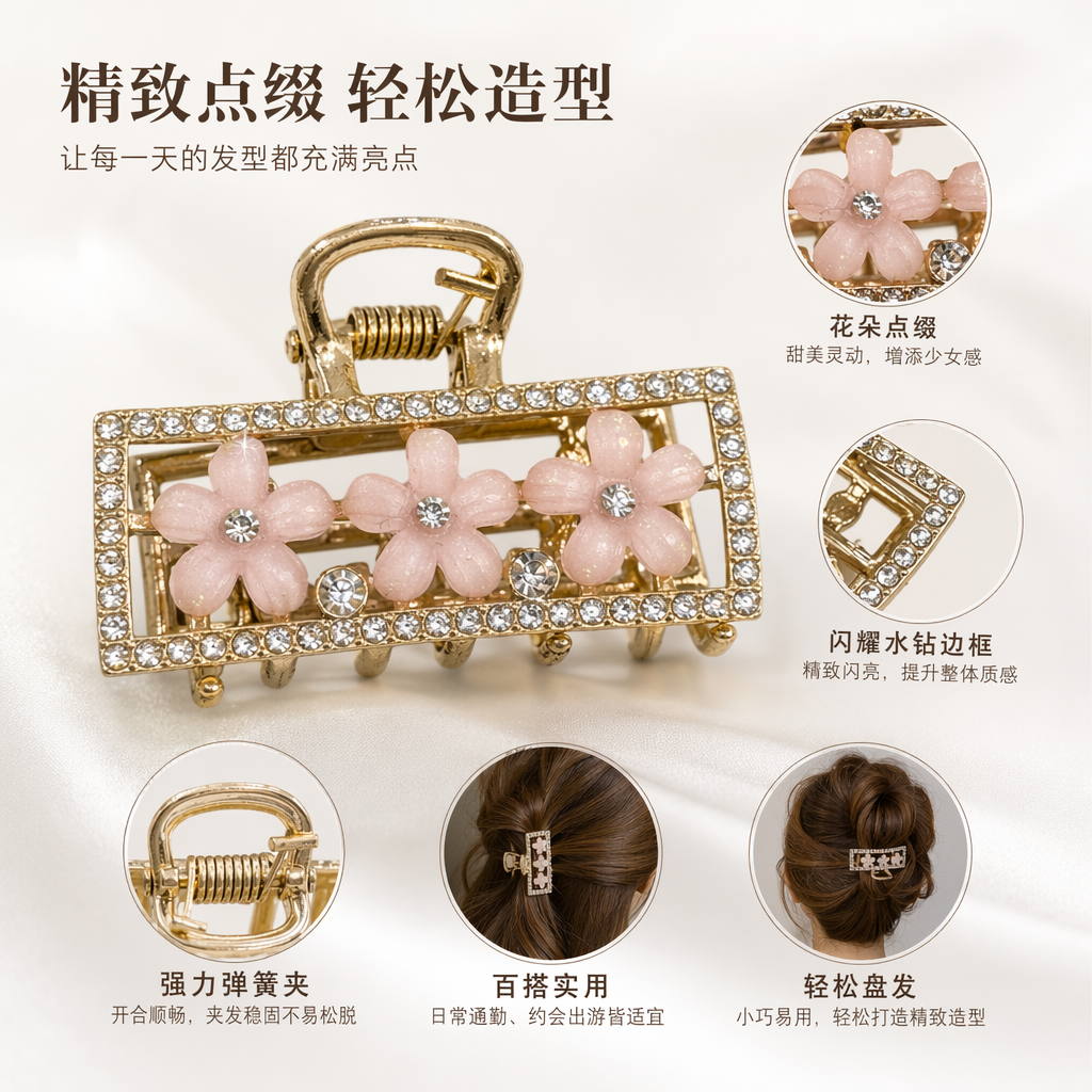 金色镶钻发夹 三朵粉色花朵装饰