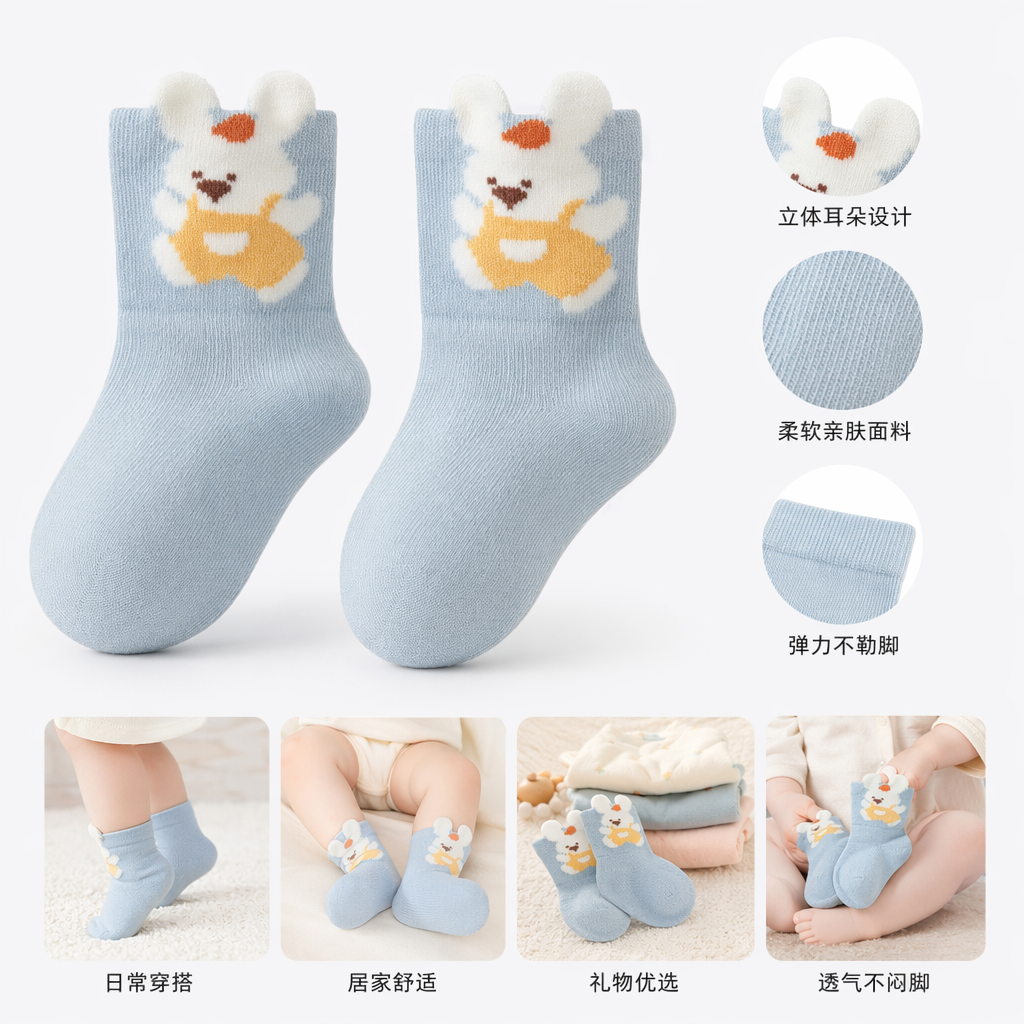 浅蓝色兔子图案纯棉袜子男女同款