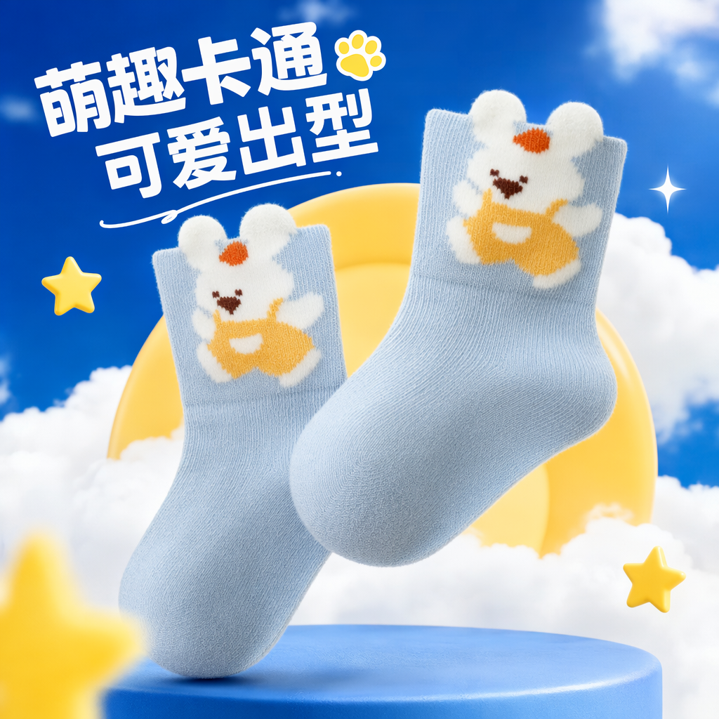 Light Blue Rabbit-Patterned Pure Cotton Socks For Both Men And Women Specification drawing