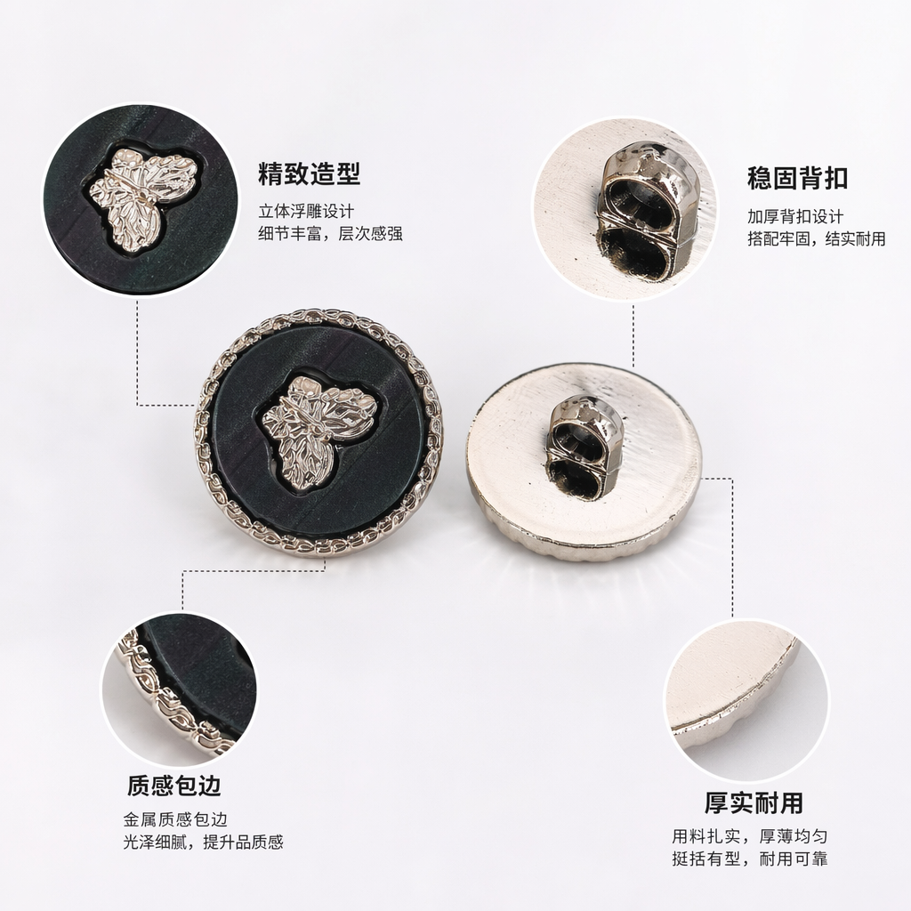 黑色贝母花纹纽扣银色金属底座 时尚装饰服装配件