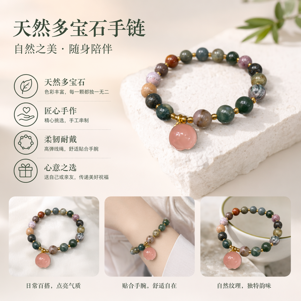 彩色珠串手链天然石珠编织款男女通用时尚配饰