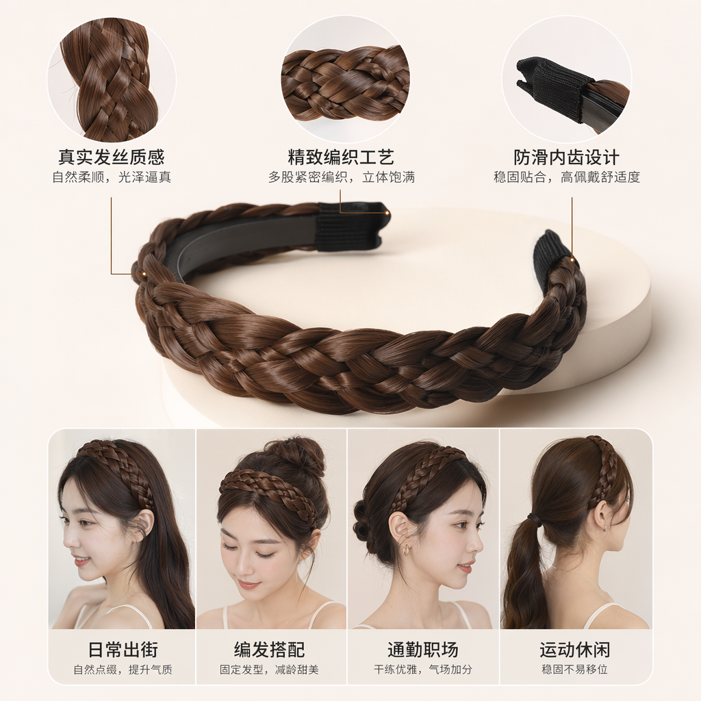 棕色编织发辫头饰 时尚复古手工编发装饰品
