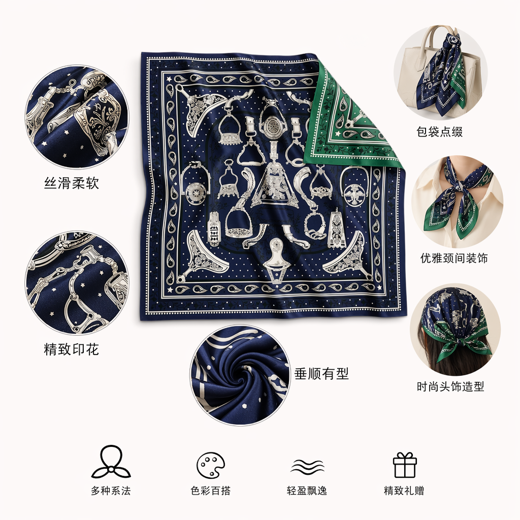 深蓝色马具图案方巾 白色图案 翻折绿色内衬图