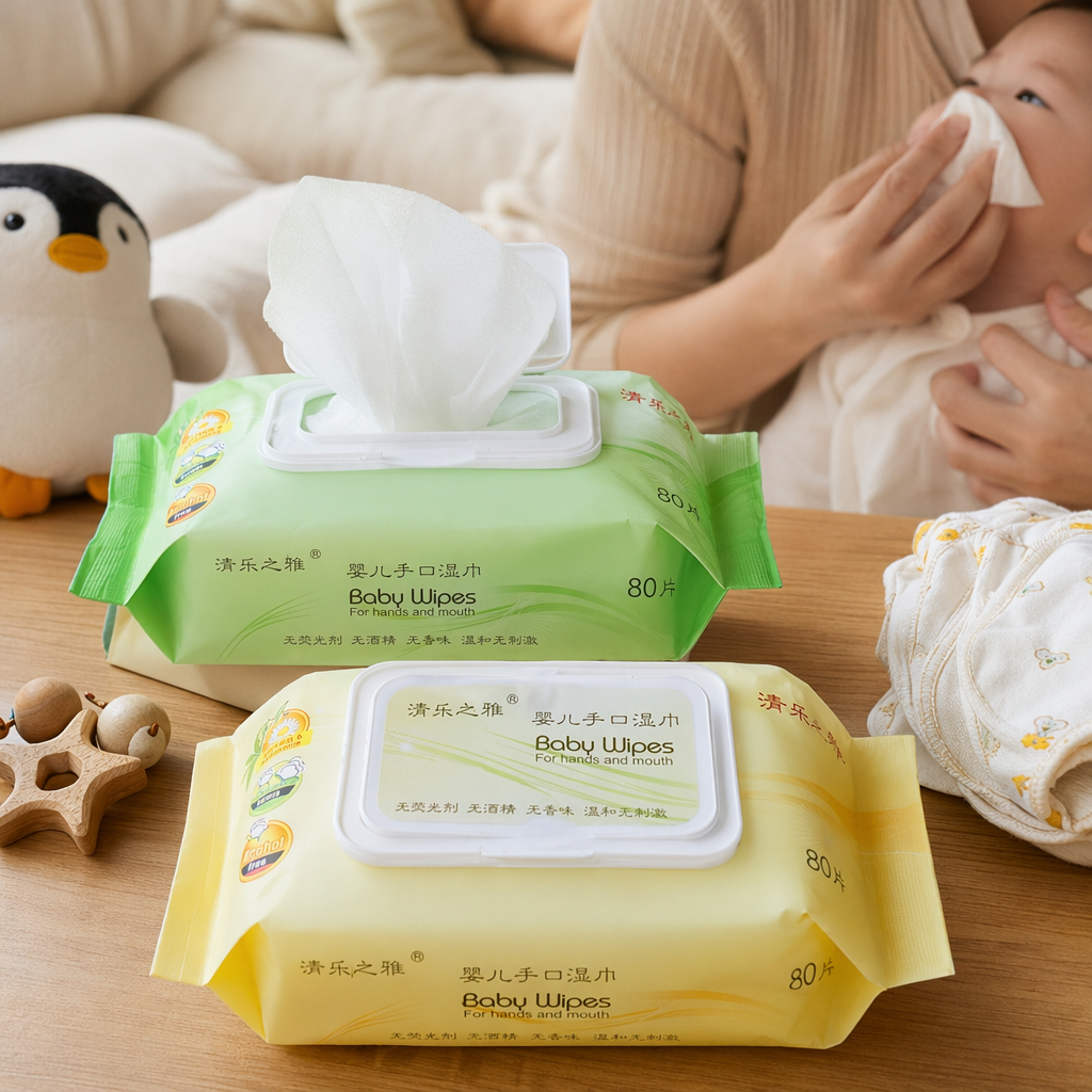 绿色和黄色包装的婴儿手口湿巾产品图