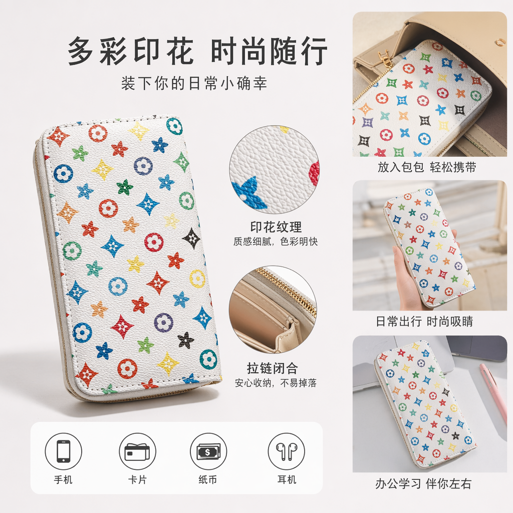 白色印花真皮钱包 时尚简约长款女士手拿包