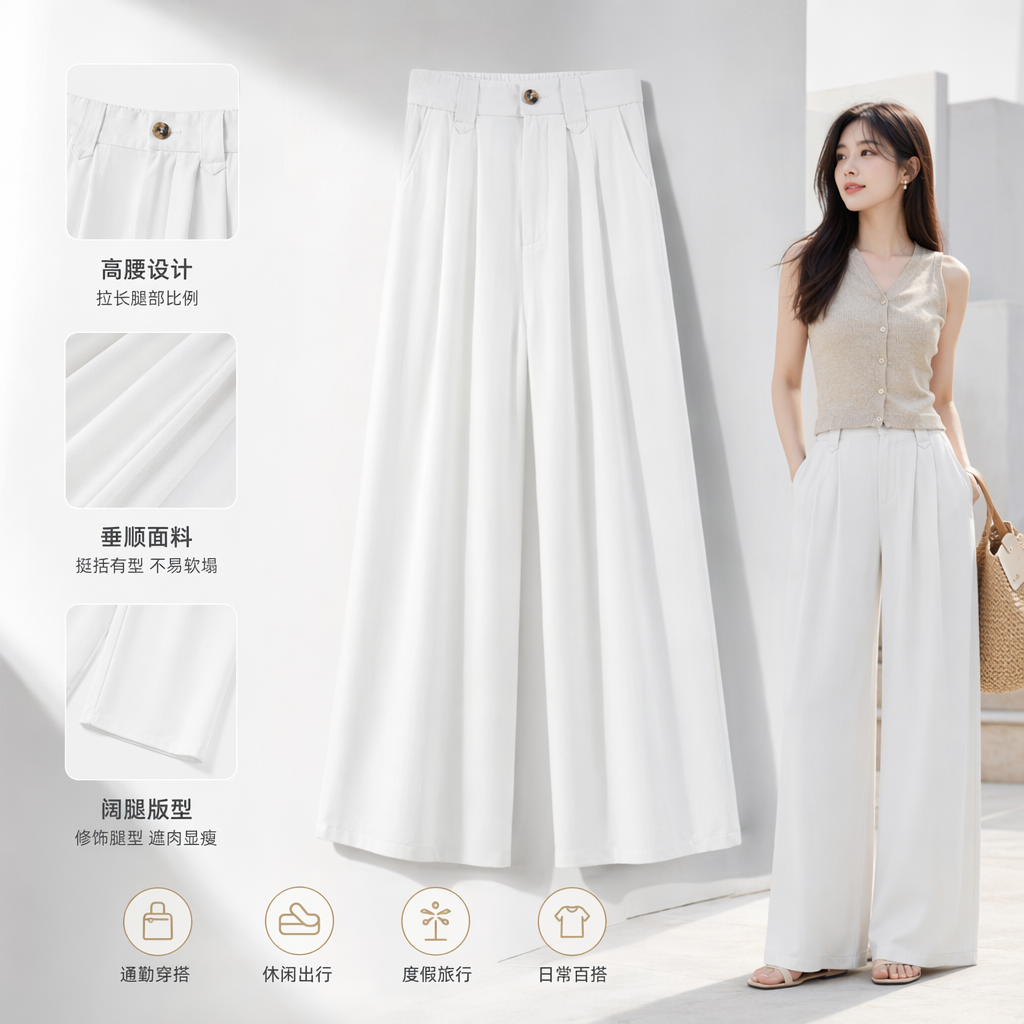White high-waisted wide-leg pants for women with a slimming and flowing look, casual trousers