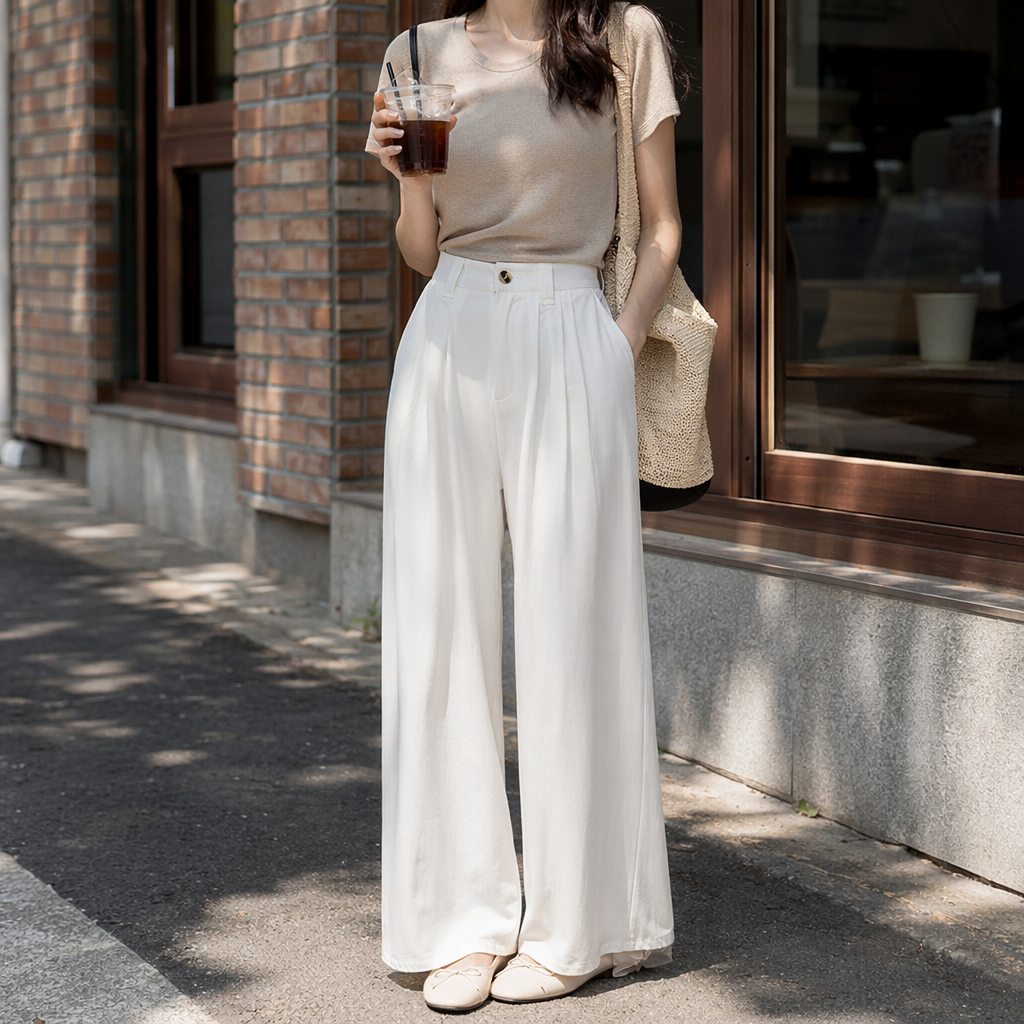 White high-waisted wide-leg pants for women with a slimming and flowing look, casual trousers details Picture