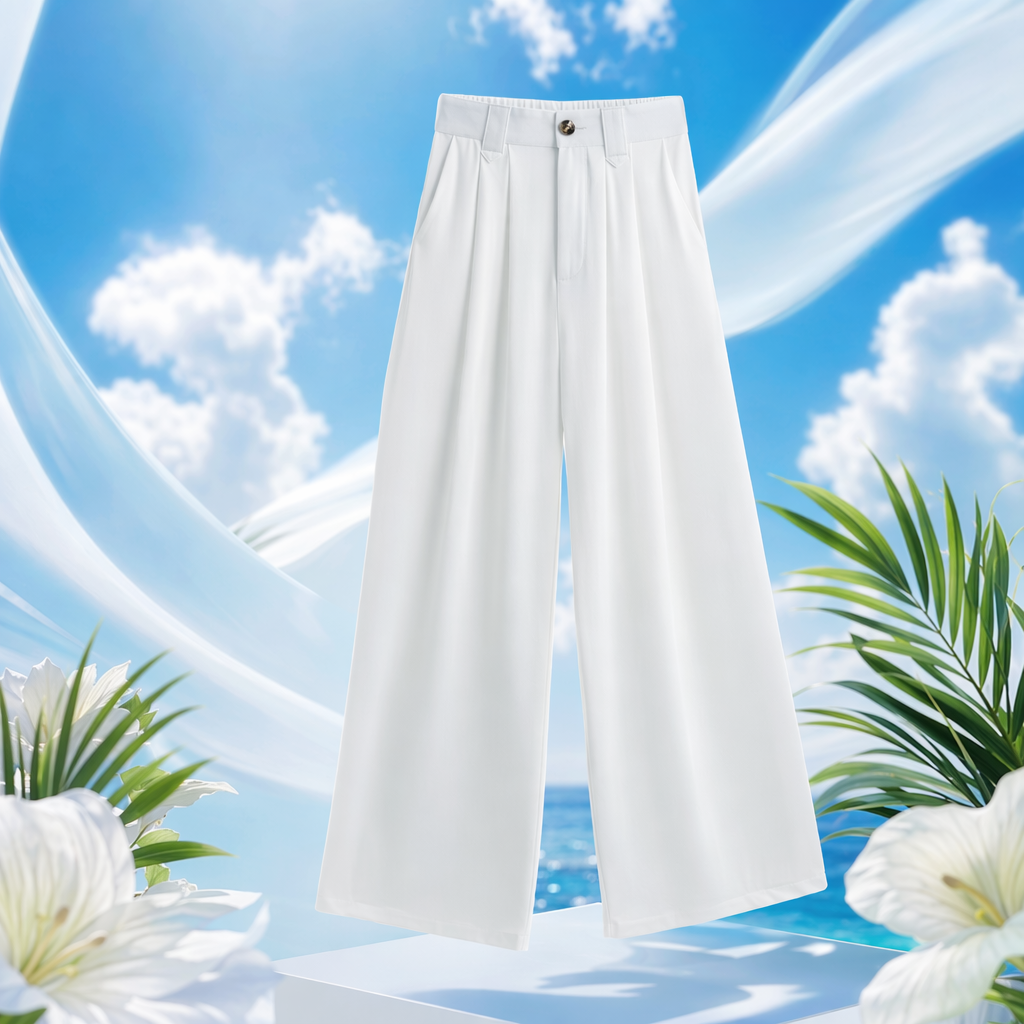 White high-waisted wide-leg pants for women with a slimming and flowing look, casual trousers Specification image