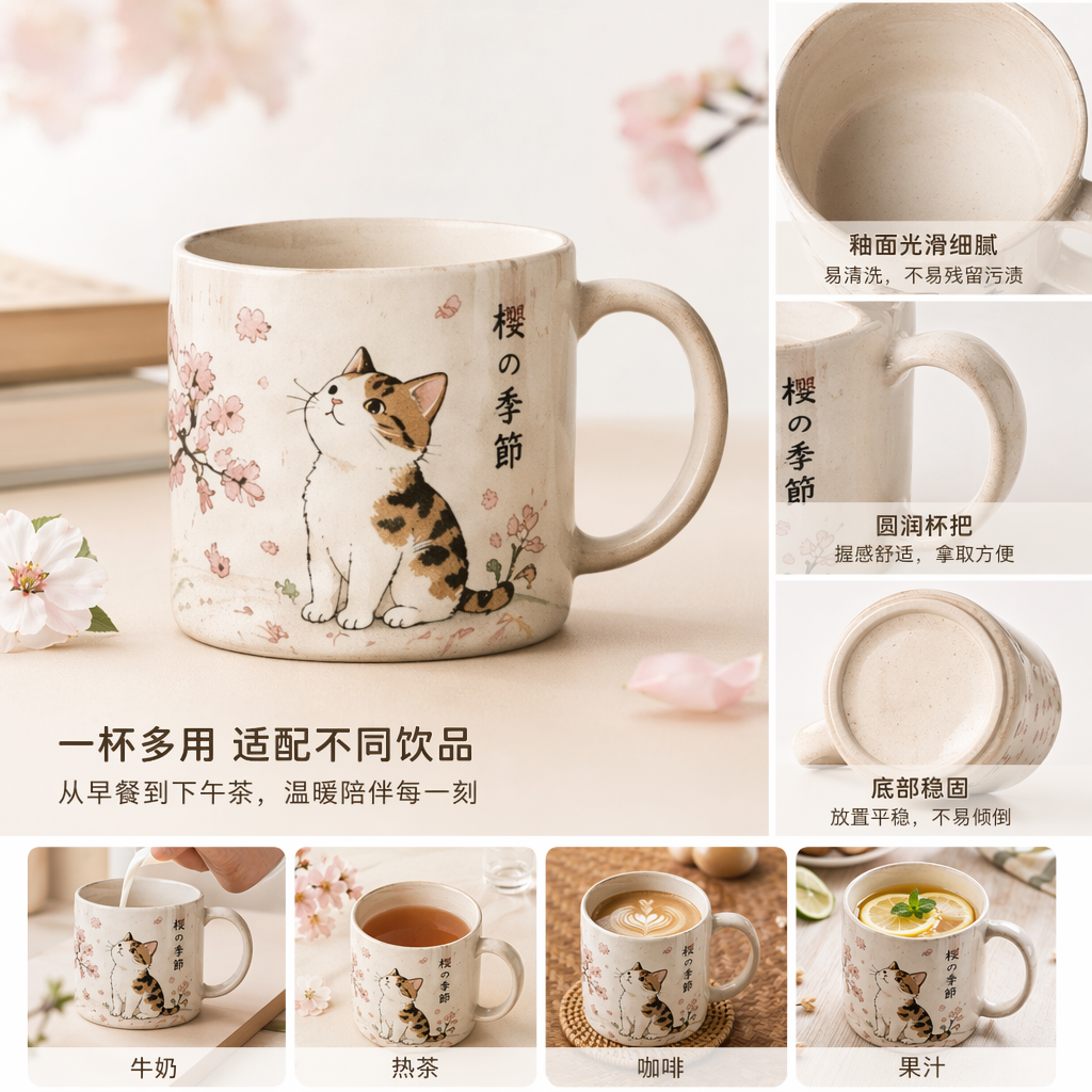 樱花猫图案陶瓷杯 350ml 高温釉面防烫家用办公水杯