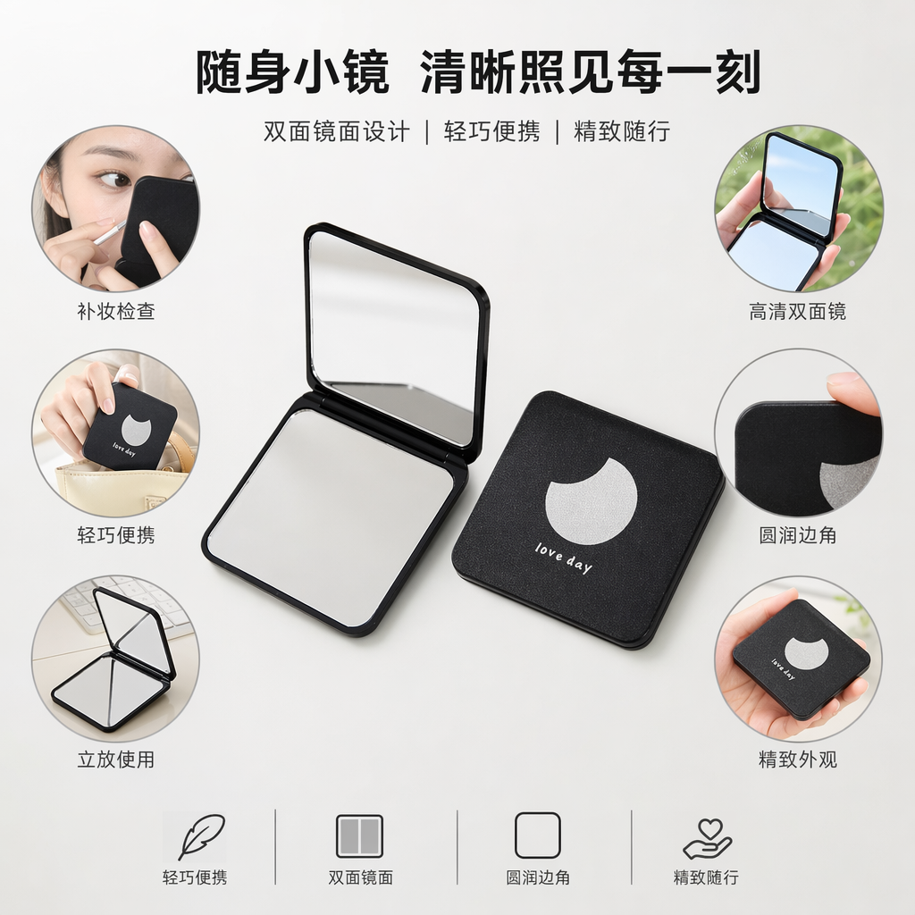黑色折叠小镜子 月亮图案 love day 字样