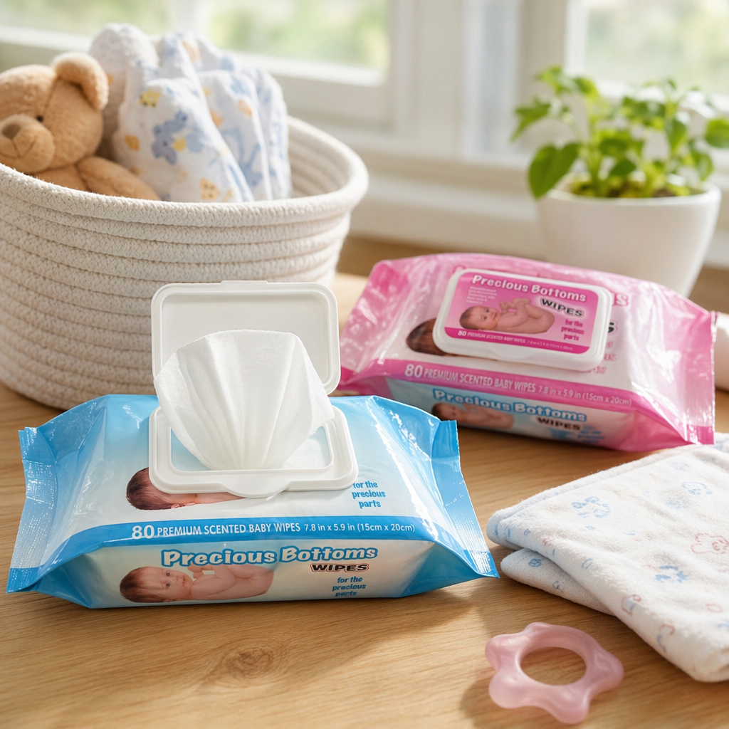 蓝色和粉色包装的婴儿湿巾，为“Precious Bottoms WIPES”品牌湿巾包产品图