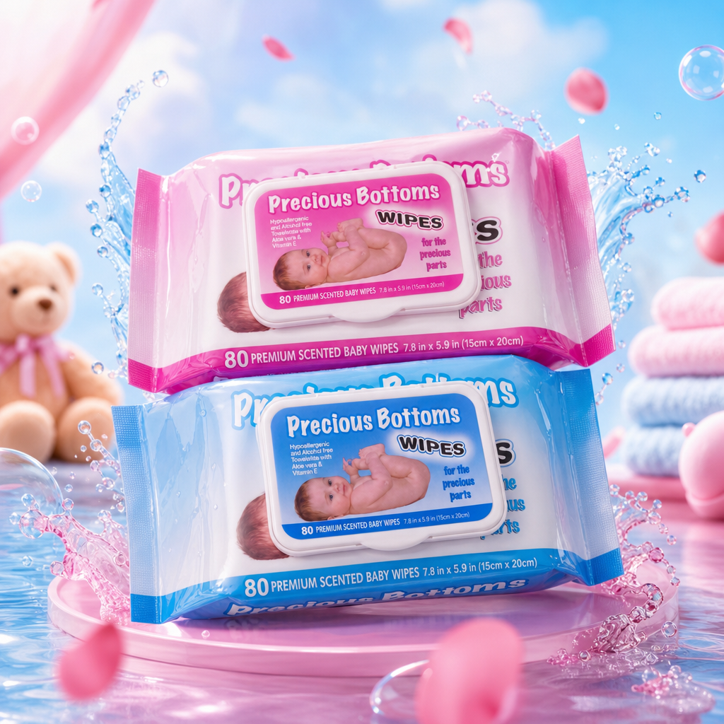 蓝色和粉色包装的婴儿湿巾，为“Precious Bottoms WIPES”品牌湿巾包细节图