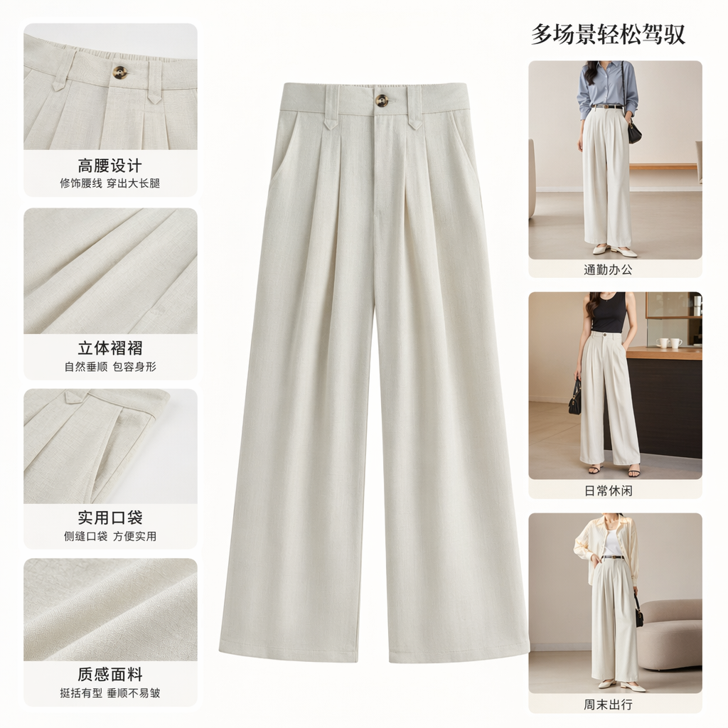 Beige high-waisted wide-leg women's casual slimming 9-inch pants with a flowing effect