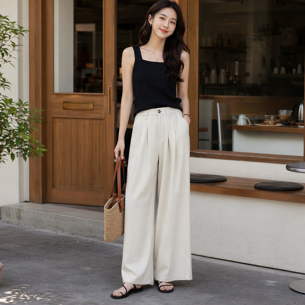 Beige high-waisted wide-leg women's casual slimming 9-inch pants with a flowing effect details Picture