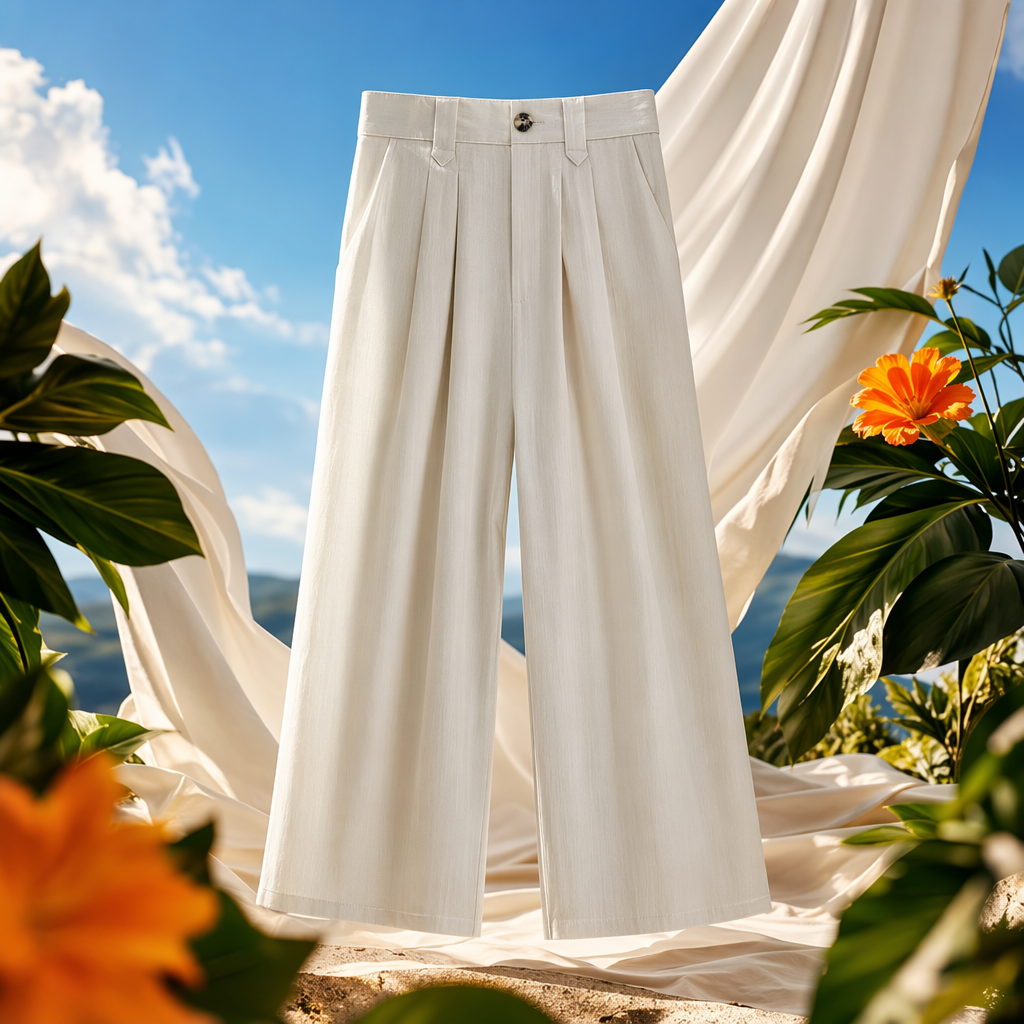 Beige high-waisted wide-leg women's casual slimming 9-inch pants with a flowing effect Specification image
