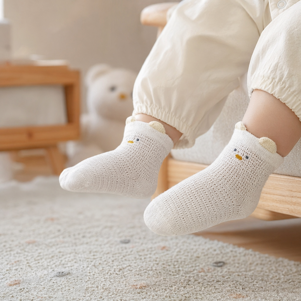 White wool socks with bear ears and smiling face patterns, warm and comfortable, pure cotton, suitable for both children and adults details Picture
