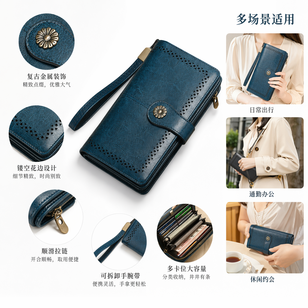 Blue leather wallet for men, simple business change, long style, and for women, fresh and cute