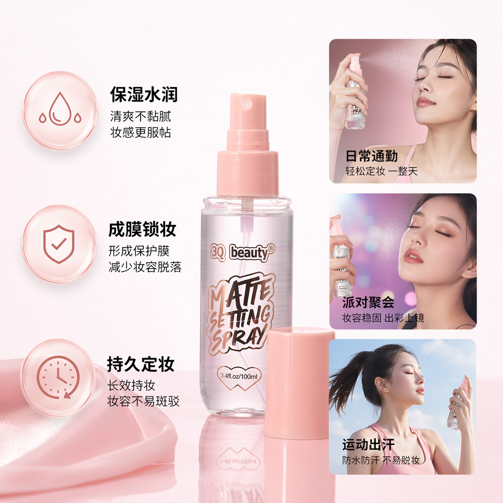 3Q beauty MATTE SETTING SPRAY Pink packaging Transparent bottle Matte Setting Spray