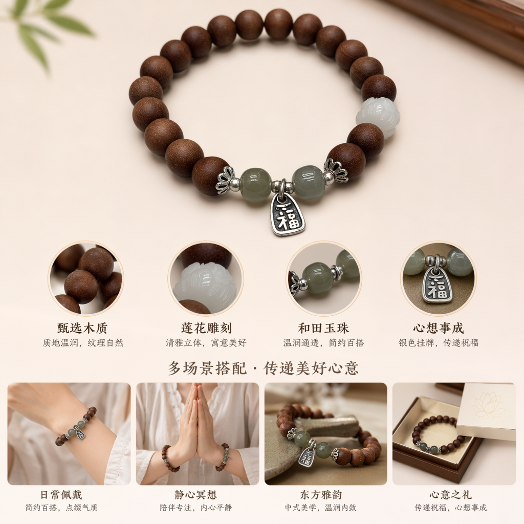 A brown beaded bracelet with green jade beads, white carved beads and silver ornaments of the character "Fu"