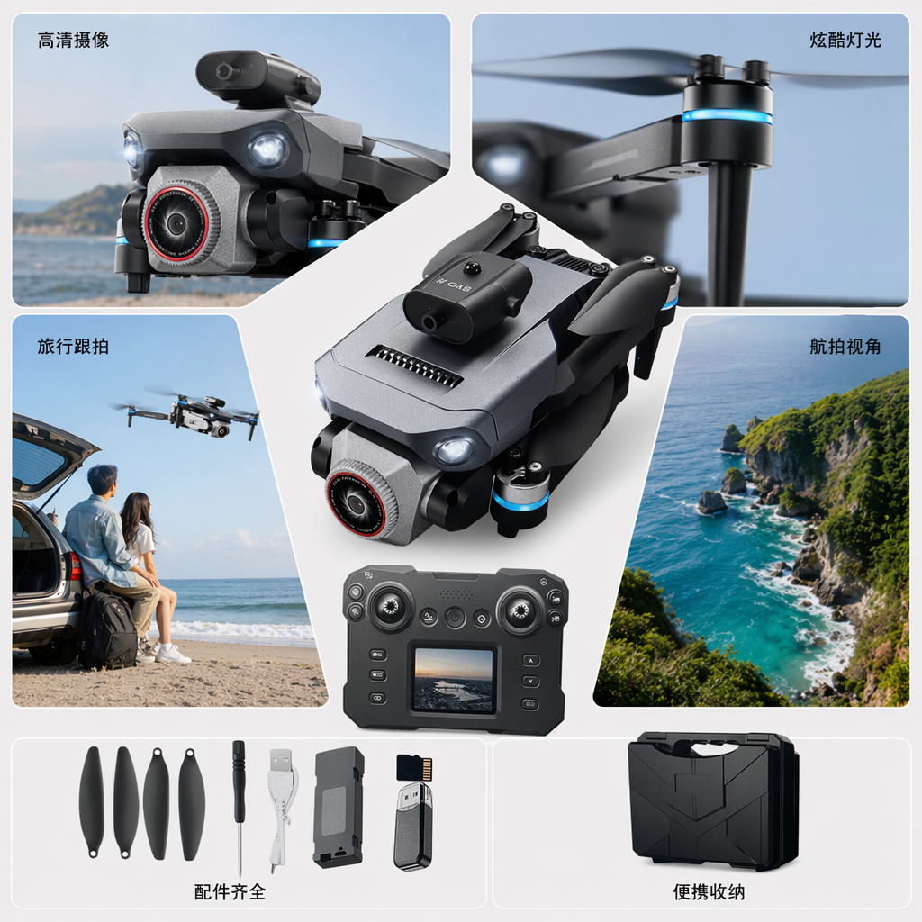 灰色无人机及遥控器套装 便携折叠航拍高清稳定器