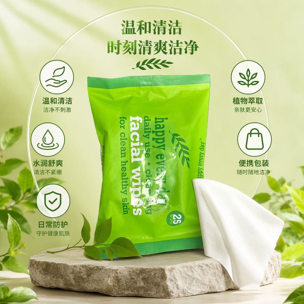 绿色包装面部湿巾温和清洁保湿舒缓一次性洁面巾