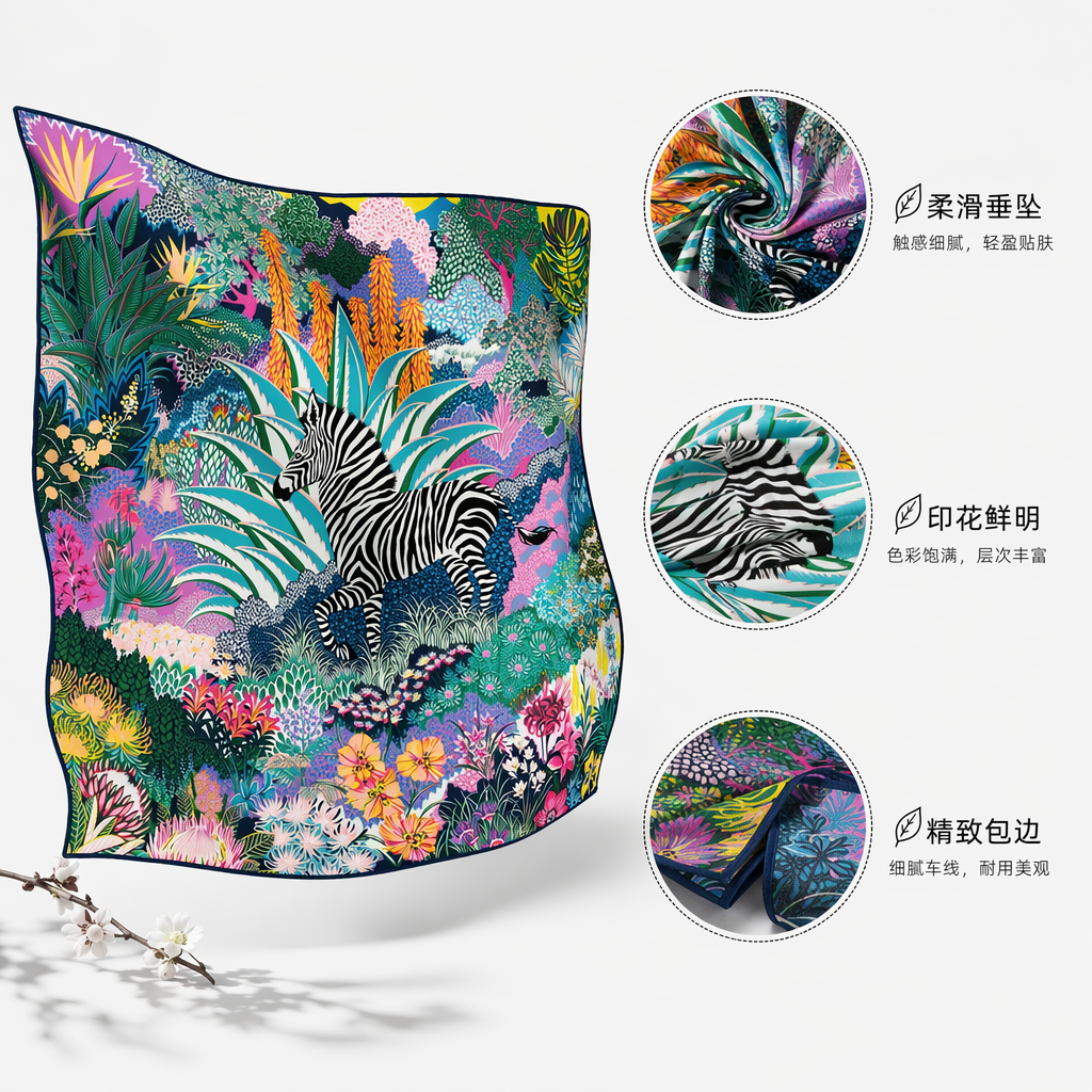 彩色热带植物图案丝巾 中央斑马印花真丝围巾图