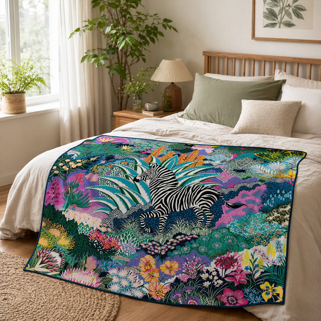 彩色热带植物图案丝巾，中央有斑马产品图