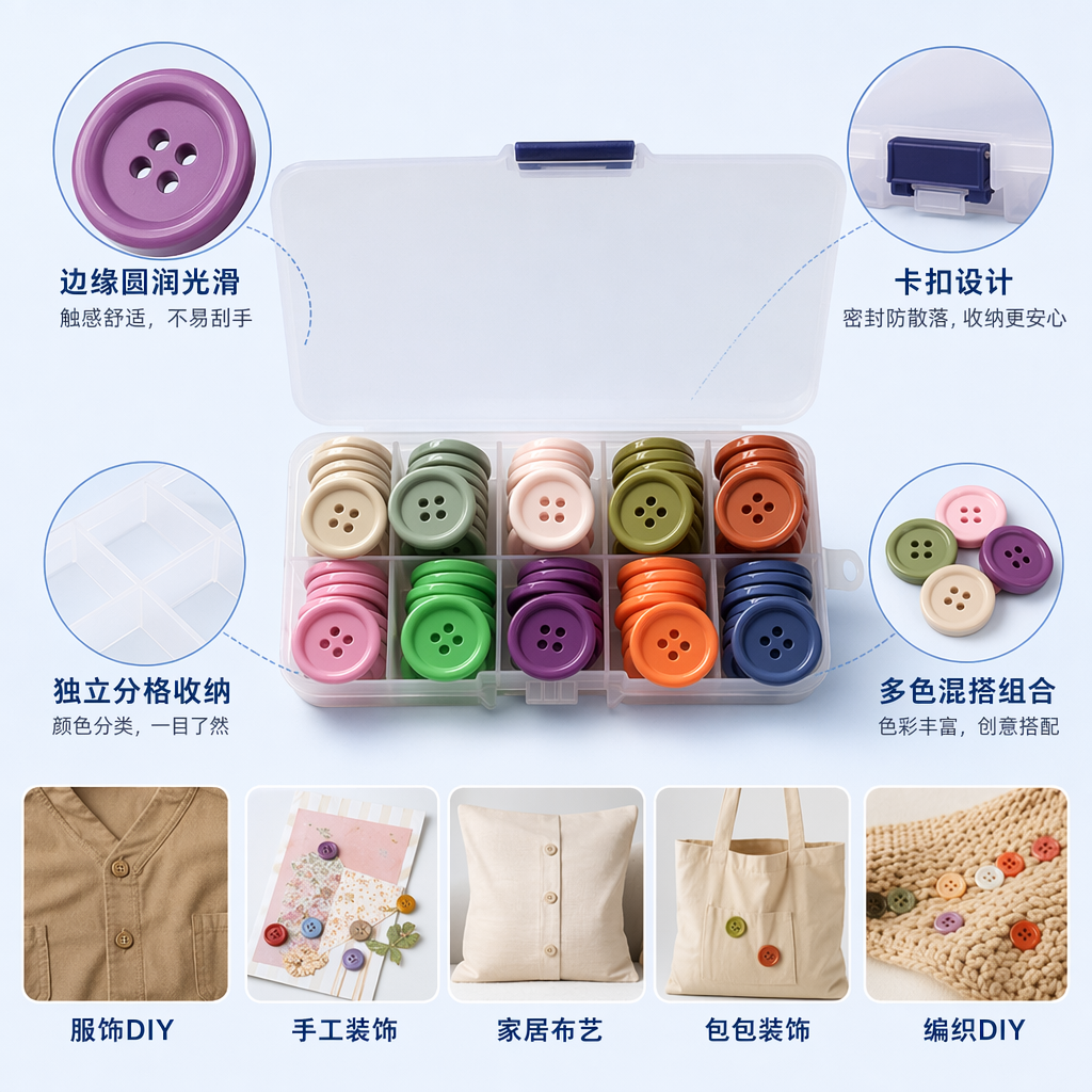彩色纽扣收纳盒 多格分隔便携式桌面整理盒