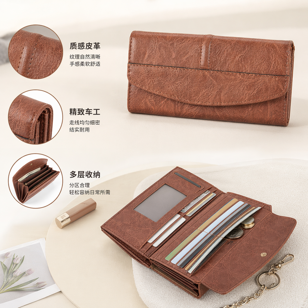 The brown leather large-capacity multi-functional wallet is suitable for both men and women, lightweight and durable