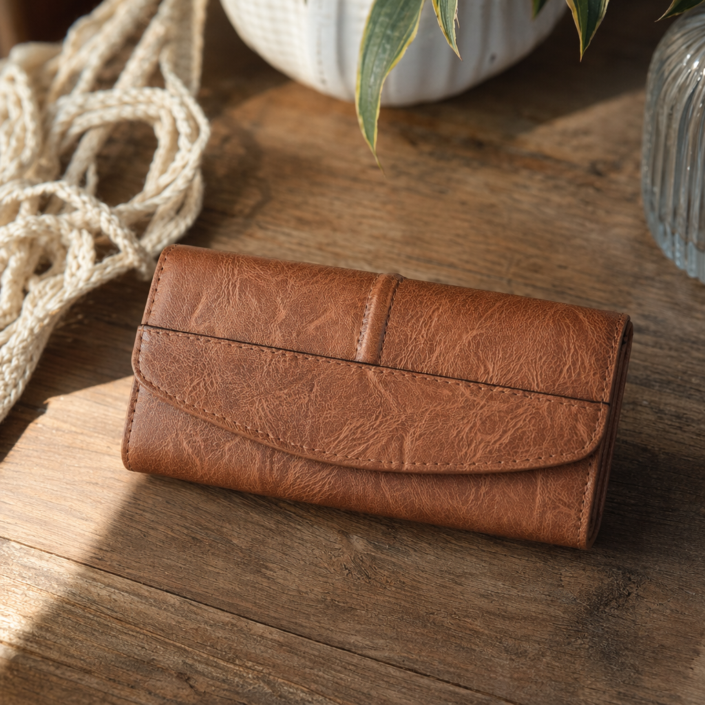 The brown leather large-capacity multi-functional wallet is suitable for both men and women, lightweight and durable details Picture