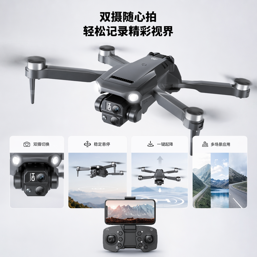 黑色无人机航拍器高清稳定遥控飞行器
