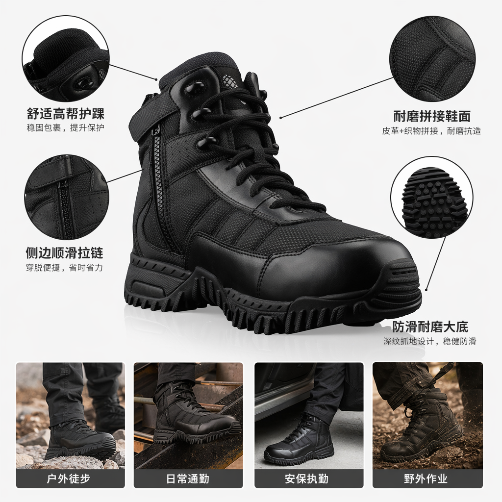 黑色战术靴 男款高帮防滑耐磨户外作战训练靴
