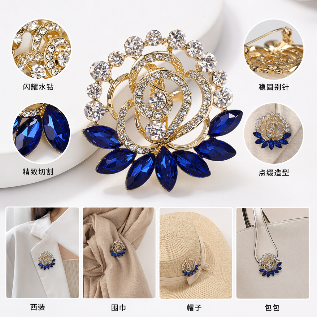 金色镶钻蓝宝石花朵胸针 时尚优雅女士配饰