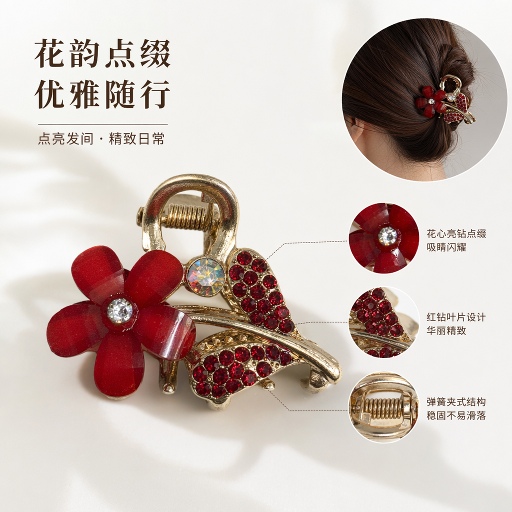 金色发夹配红色花朵与红宝石装饰图