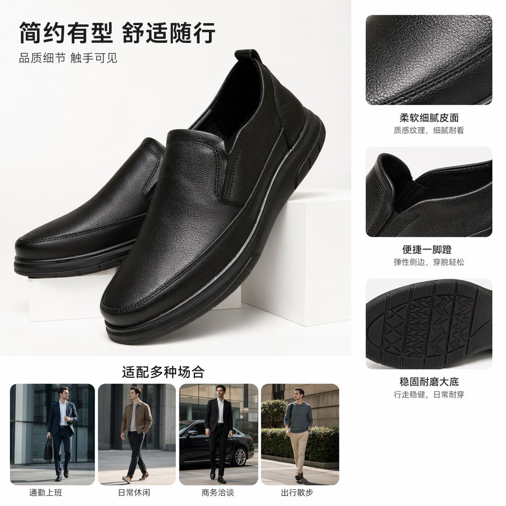 黑色皮质休闲鞋男款百搭软底轻便透气