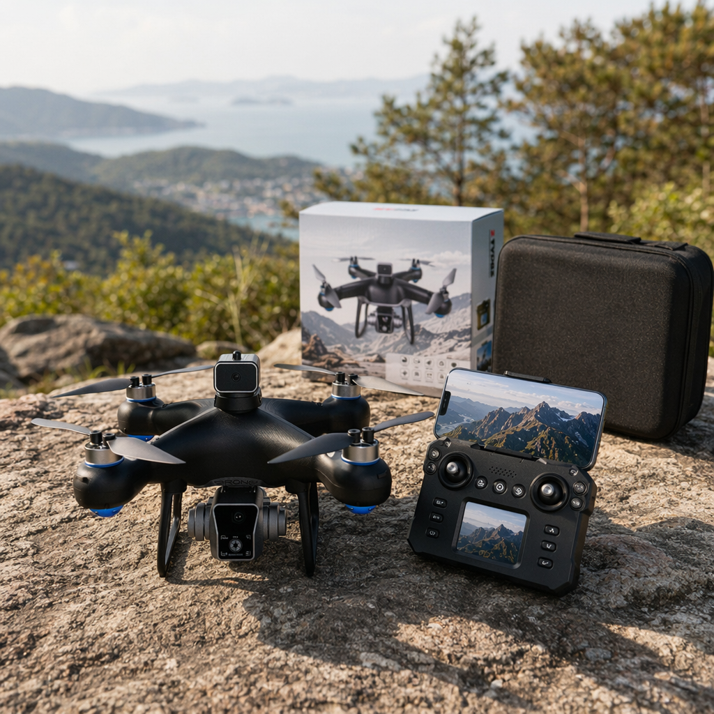 A black dual-camera drone with blue LED lights details Picture