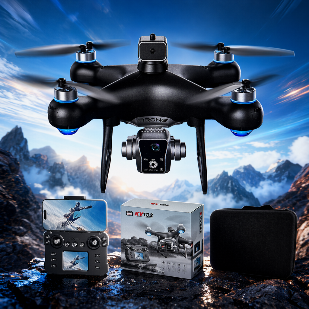 A black dual-camera drone with blue LED lights Specification image