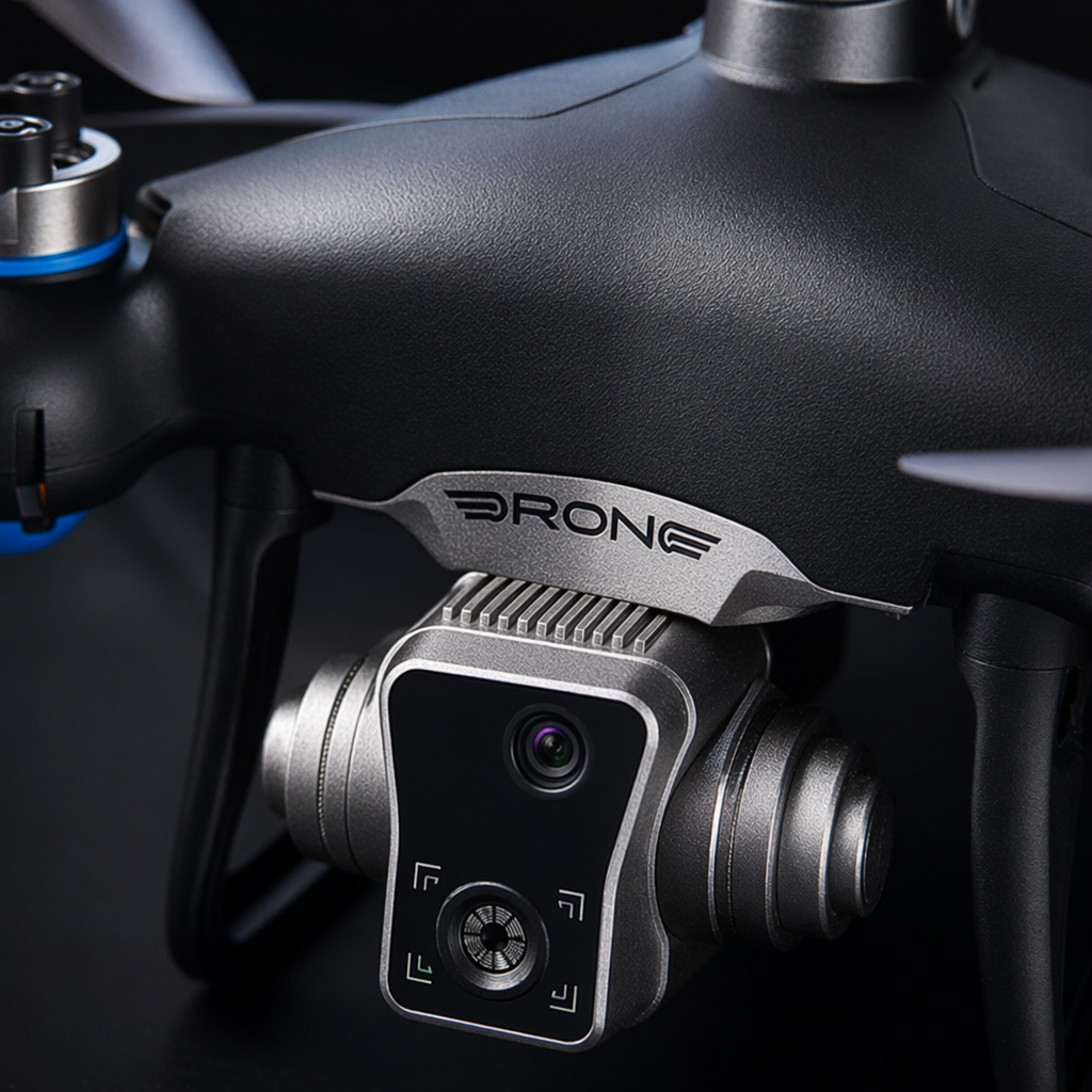 A black dual-camera drone with blue LED lights Application Scenario