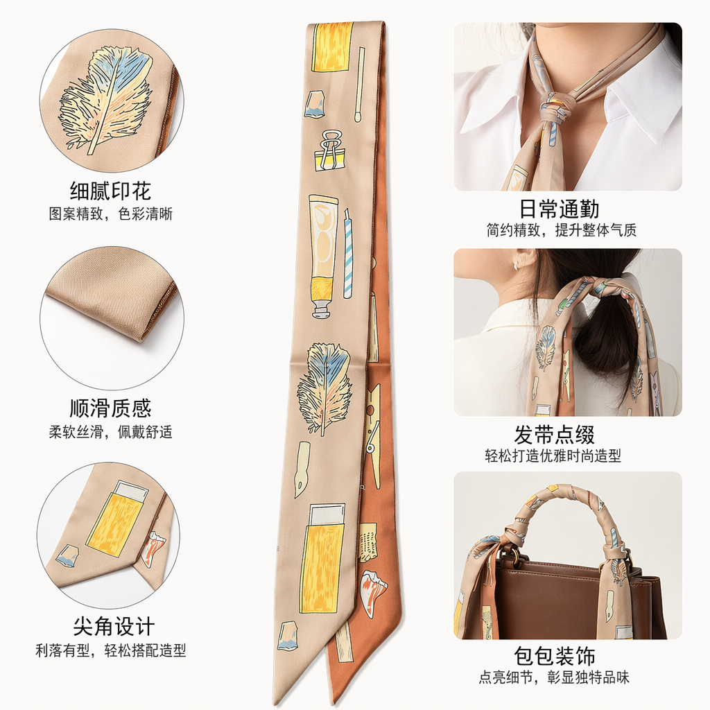 手绘文具羽毛图案彩色丝巾五色装深蓝米色橙色浅蓝