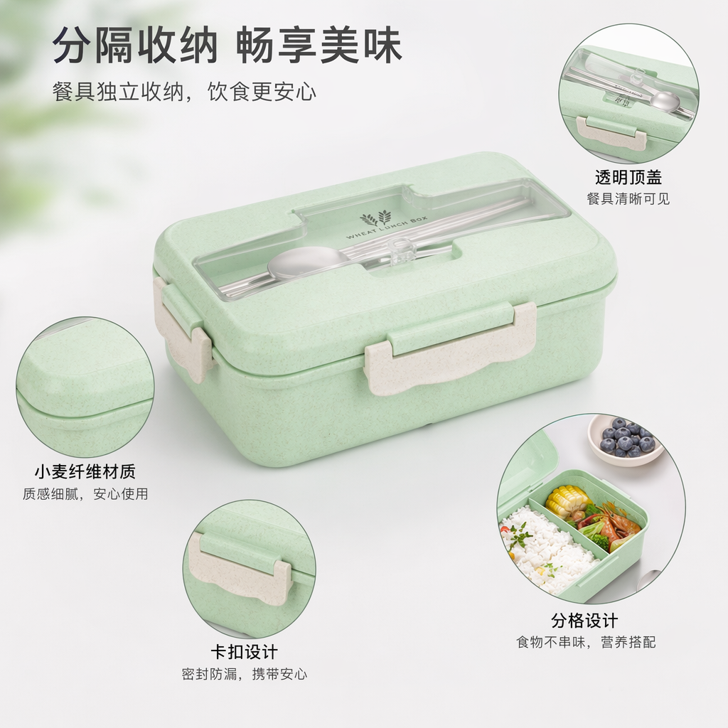 浅绿色便当盒餐盒家用环保塑料饭盒带盖密封保鲜图