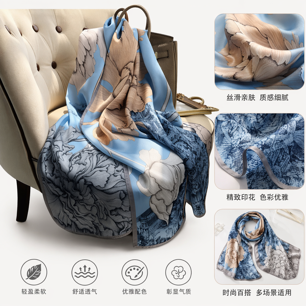 蓝白花卉图案真丝围巾女士春夏薄款时尚百搭丝巾