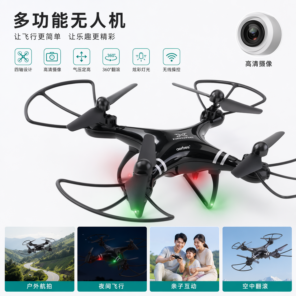 黑色无人机航拍器4K高清遥控飞行器便携折叠设计