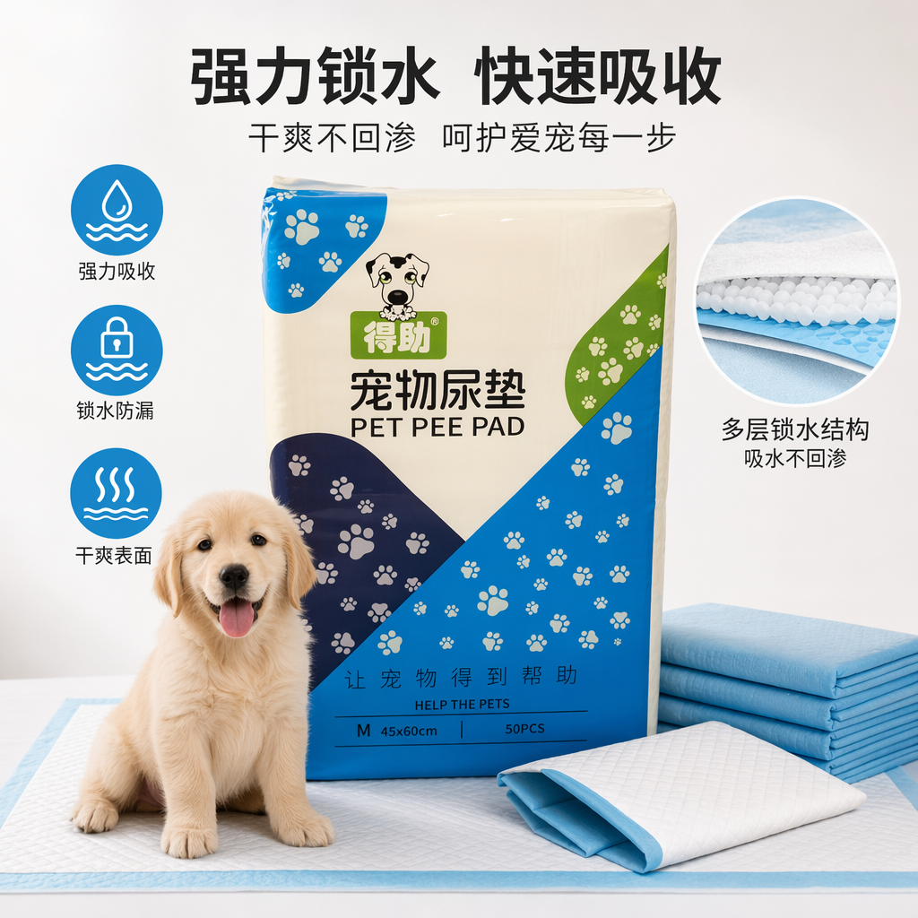 Blue, white, green and black striped packaging pet urine pad, water-absorbing and leak-proof disposable pet care pad