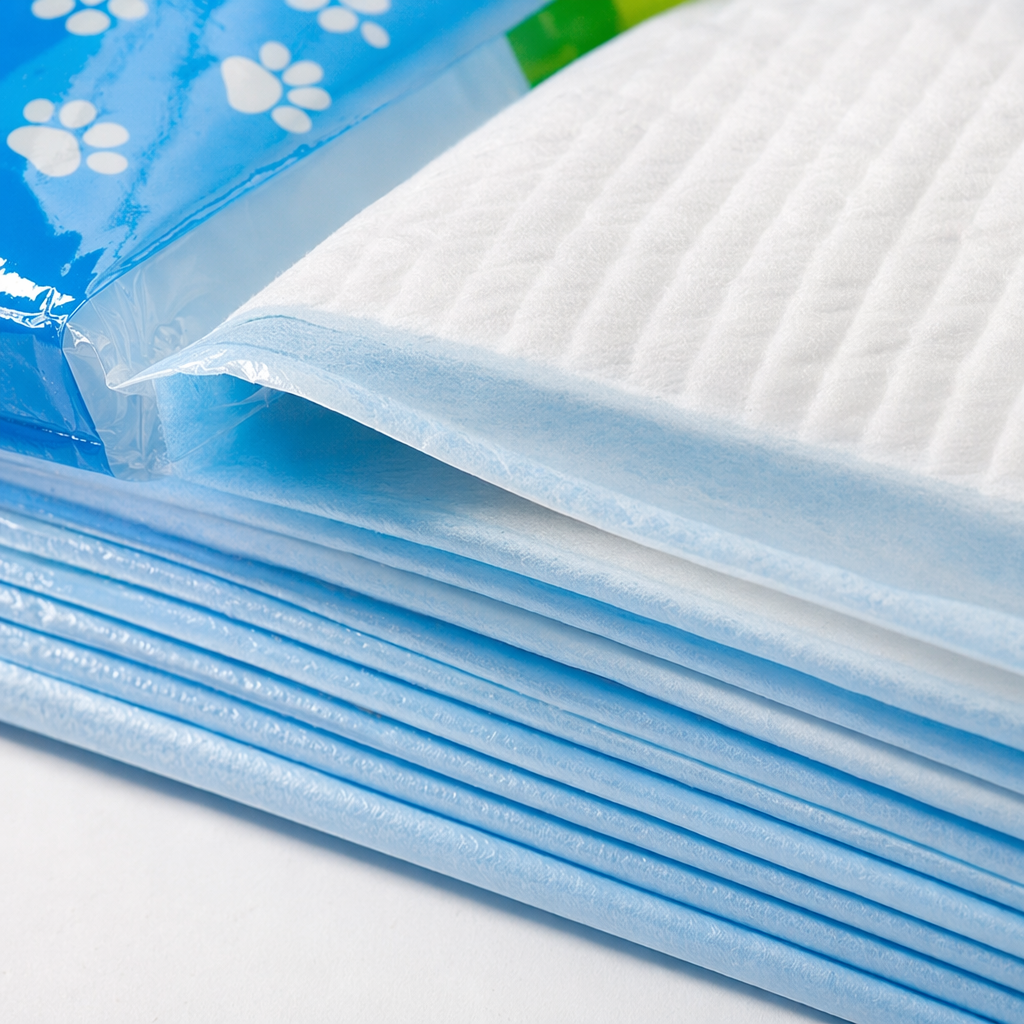 Blue, white, green and black striped packaging pet urine pad, water-absorbing and leak-proof disposable pet care pad Application Scenario