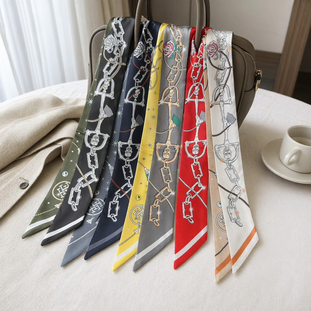 A long silk scarf with a multi-color chain horse armature pattern details Picture