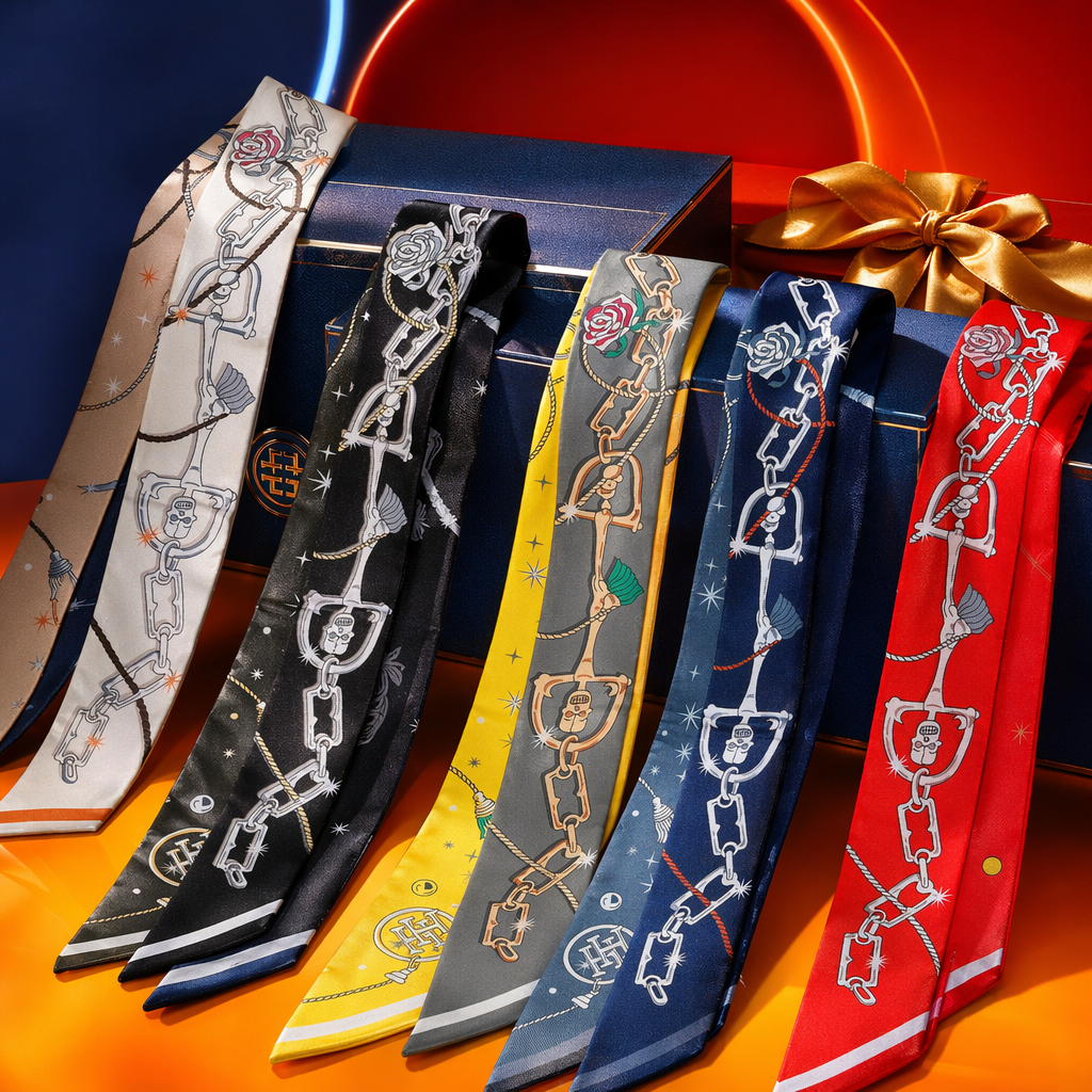 A long silk scarf with a multi-color chain horse armature pattern Specification image