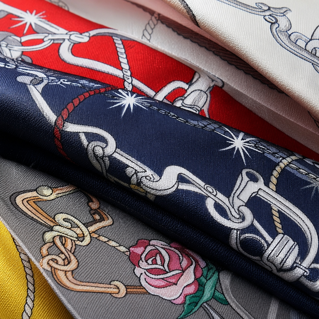 A long silk scarf with a multi-color chain horse armature pattern Application Scenario